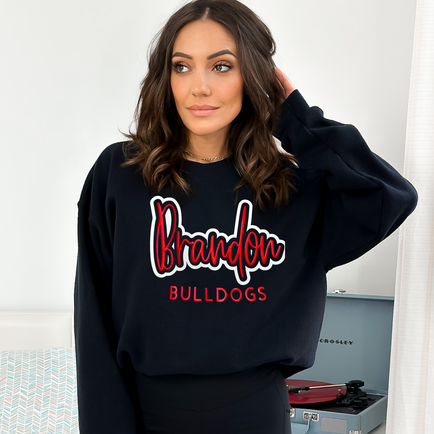 Brandon Bulldogs Metallic puff outlined in white flock sweatshirt.