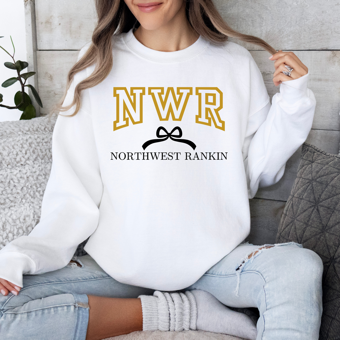NWR Northwest Rankin Gildan Sweatshirt – Bow Graphic in Sand, Ash, Light Pink, Black, & White