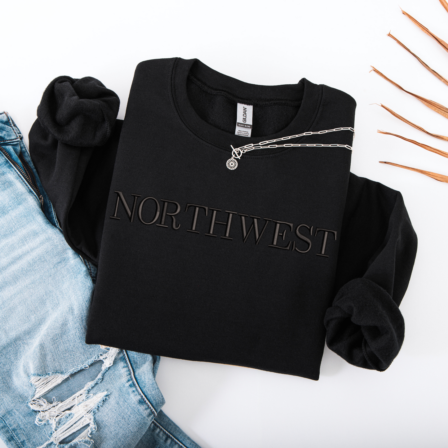 Northwest Black-on-Black Tone-On-Tone Faux Embroidery Sweatshirt – Modern & Minimalist Aesthetic