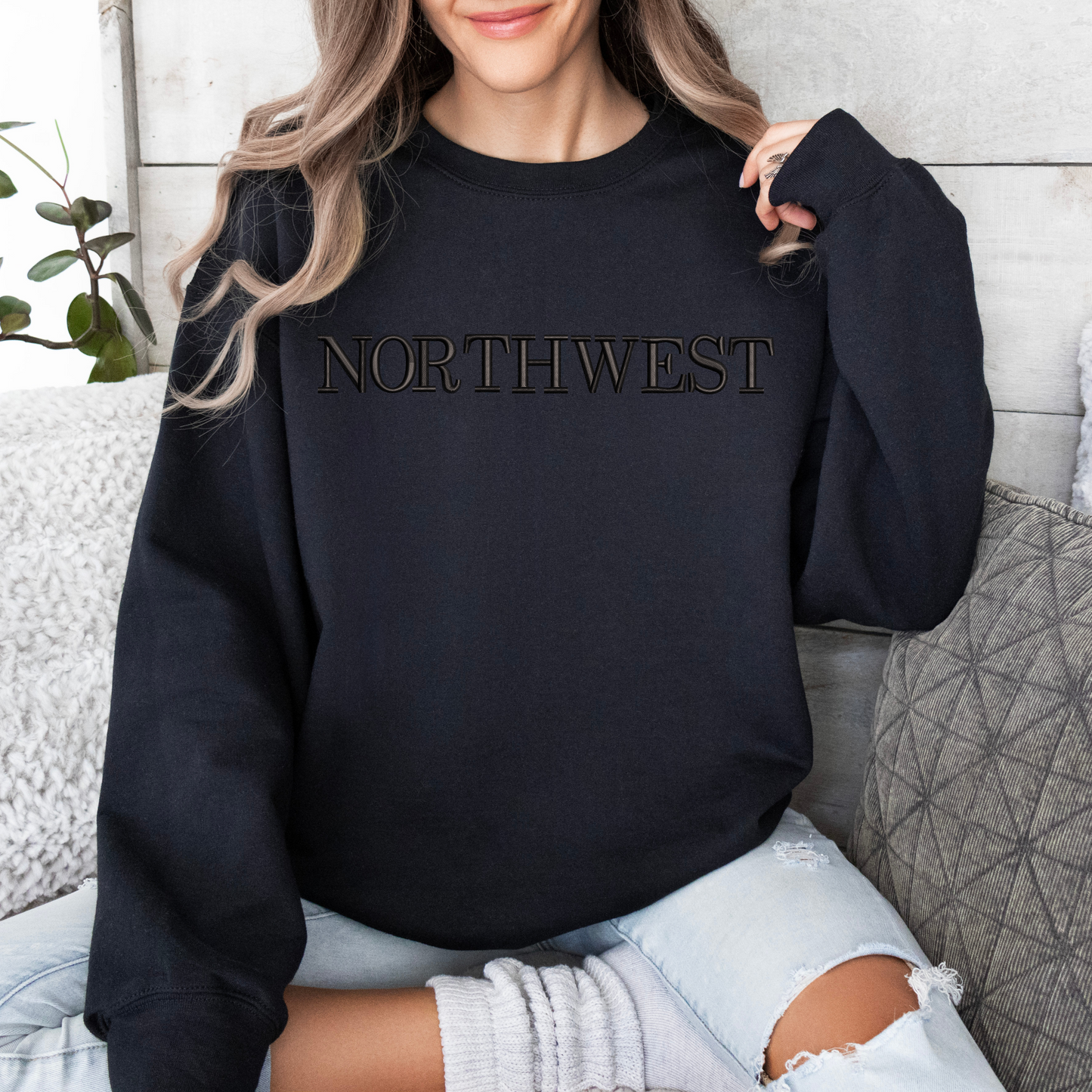 Northwest Black-on-Black Tone-On-Tone Faux Embroidery Sweatshirt – Modern & Minimalist Aesthetic
