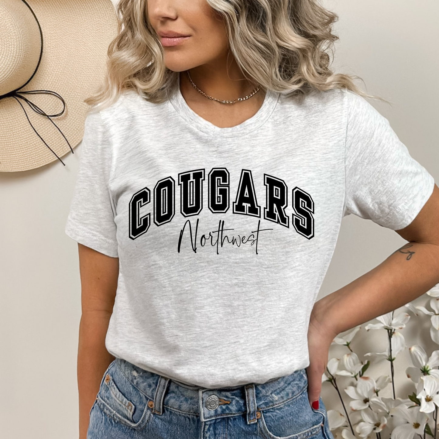 Cougars Northwest Bella Canvas T-Shirt – Varsity Arch Design (Black, Natural, Ash)