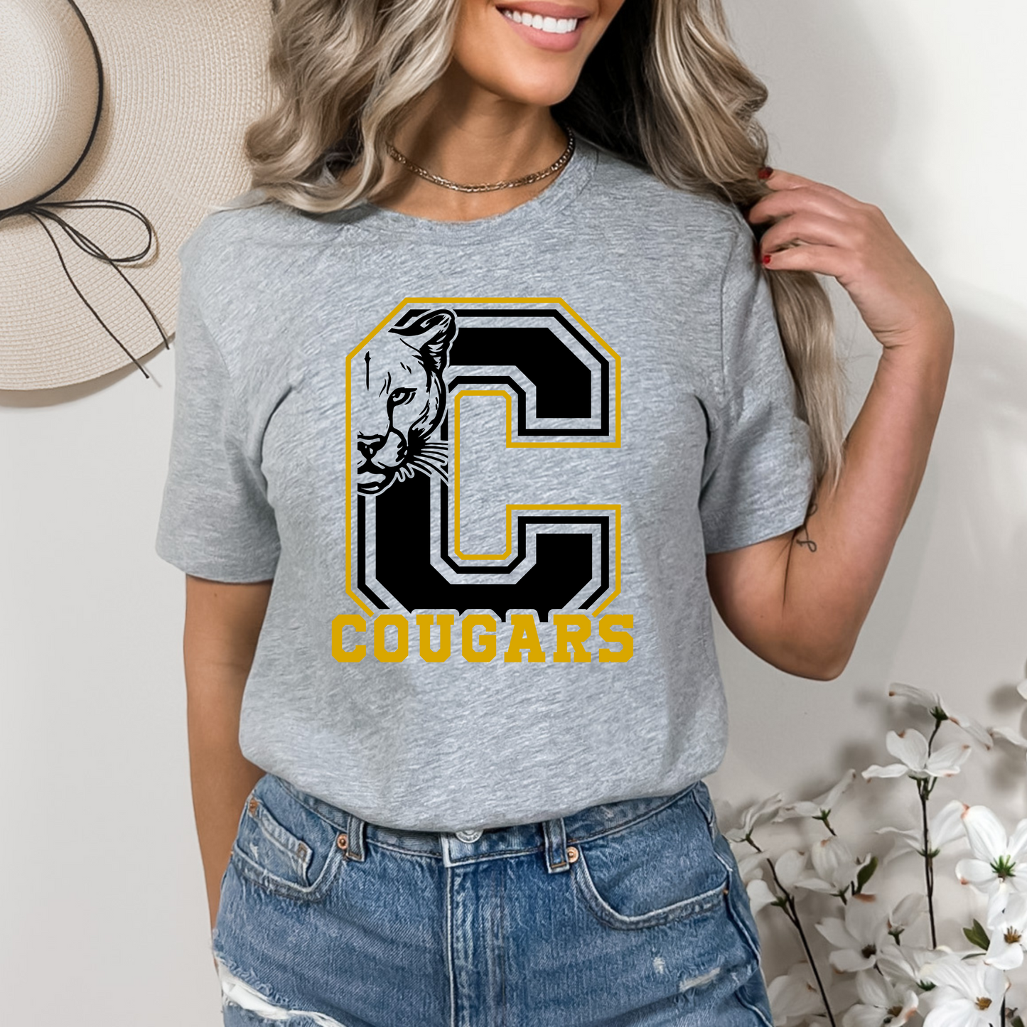 Cougars Bella Canvas T-Shirt – Collegiate Style with Bold “C” Graphic (Available in Ash, Sport Grey, Mustard, & Natural)