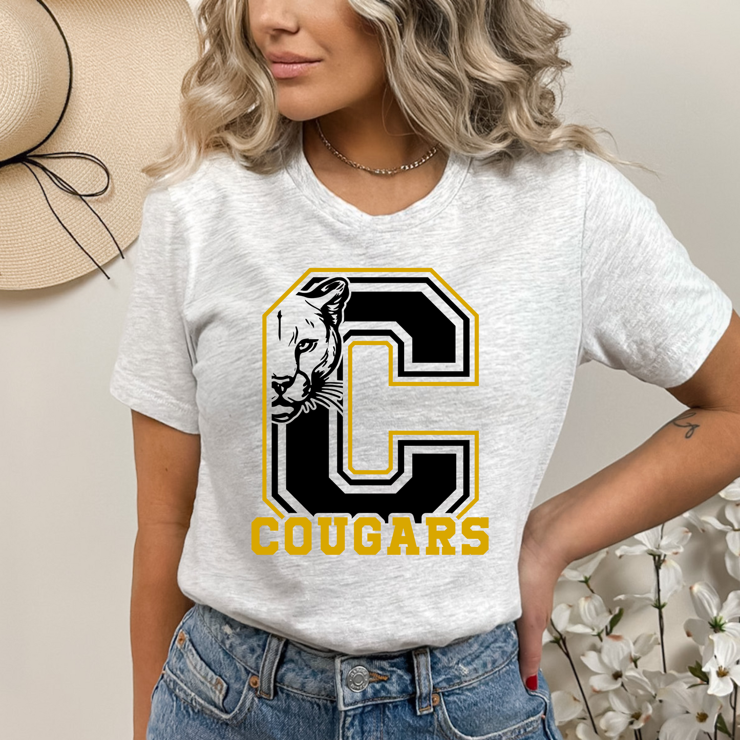 Cougars Bella Canvas T-Shirt – Collegiate Style with Bold “C” Graphic (Available in Ash, Sport Grey, Mustard, & Natural)