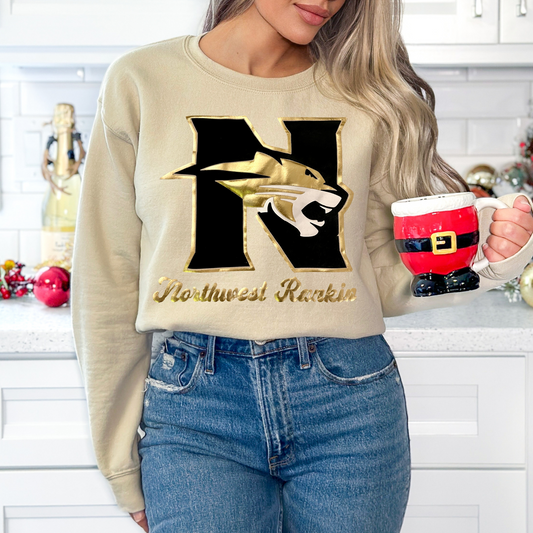 Northwest Rankin Cougars Sweatshirt - Sand Crewneck with Black & Gold Metallic Puff Design