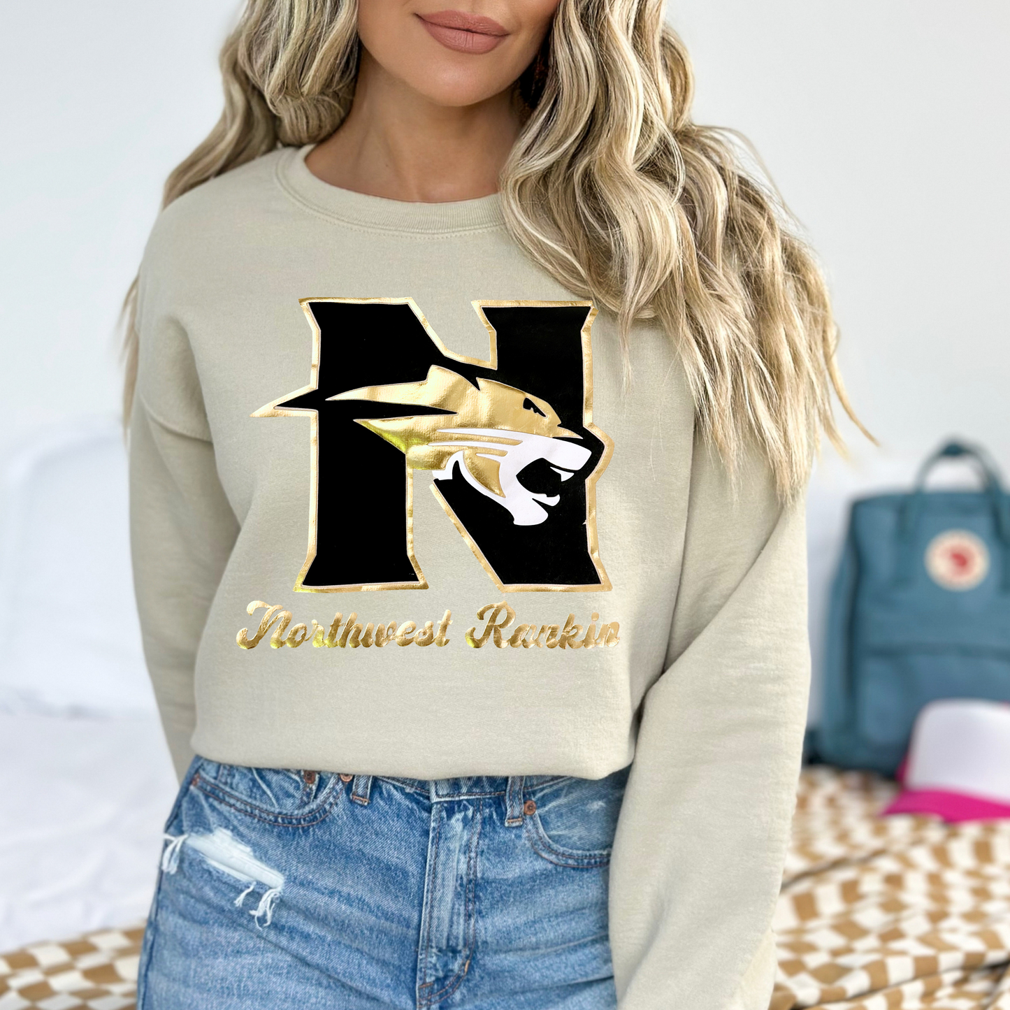 Northwest Rankin Cougars Sweatshirt - Sand Crewneck with Black & Gold Metallic Puff Design