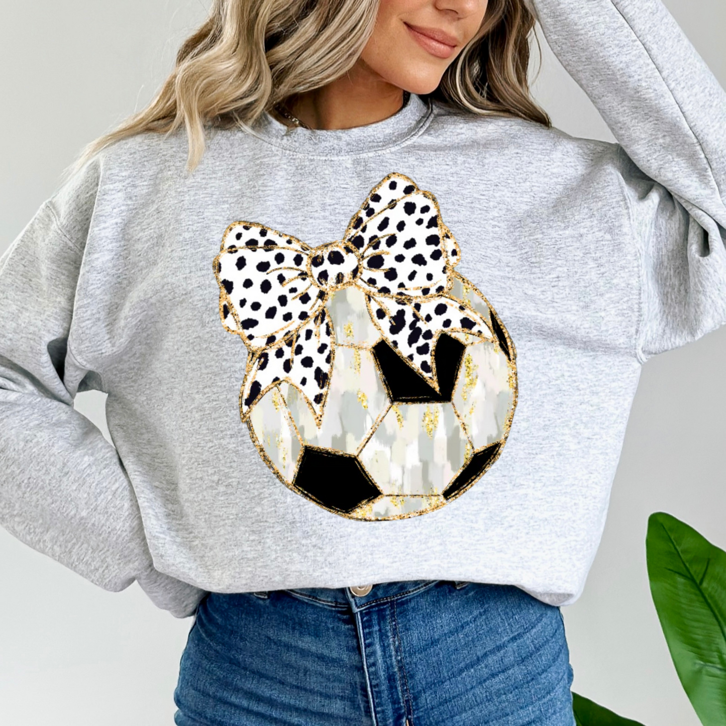 Chic Soccer Ball Bow Sweatshirt – Available in Ash, Sand, Charcoal, & White