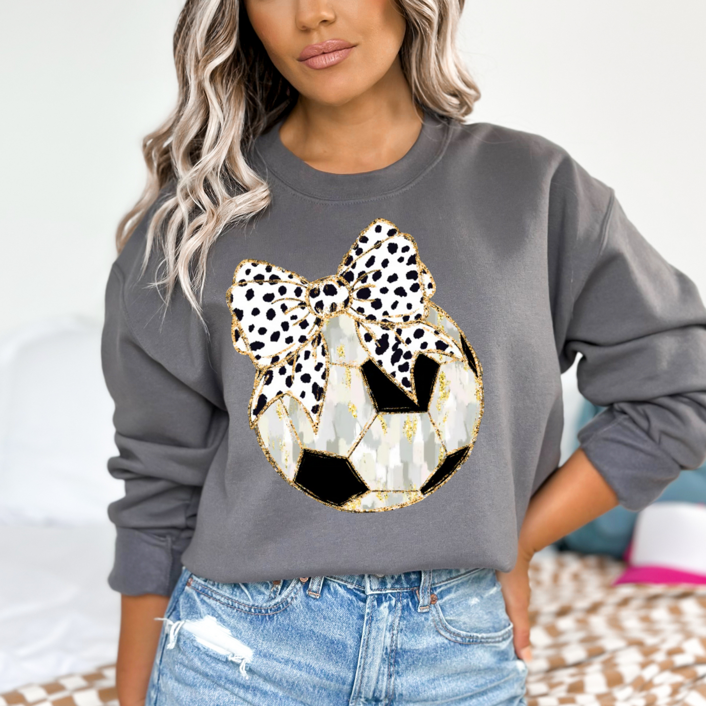 Chic Soccer Ball Bow Sweatshirt – Available in Ash, Sand, Charcoal, & White